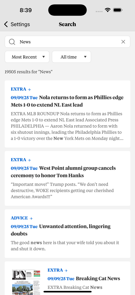Search interface of The Patriot-News app showing a list of filtered news articles and sports updates.