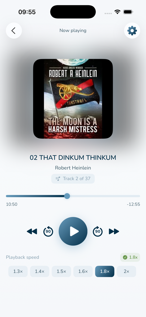 Voxi Book Player - Now playing screen of Voxi Book Player featuring playback controls and adjustable listening speed for the audiobook The Moon is a Harsh Mistress.