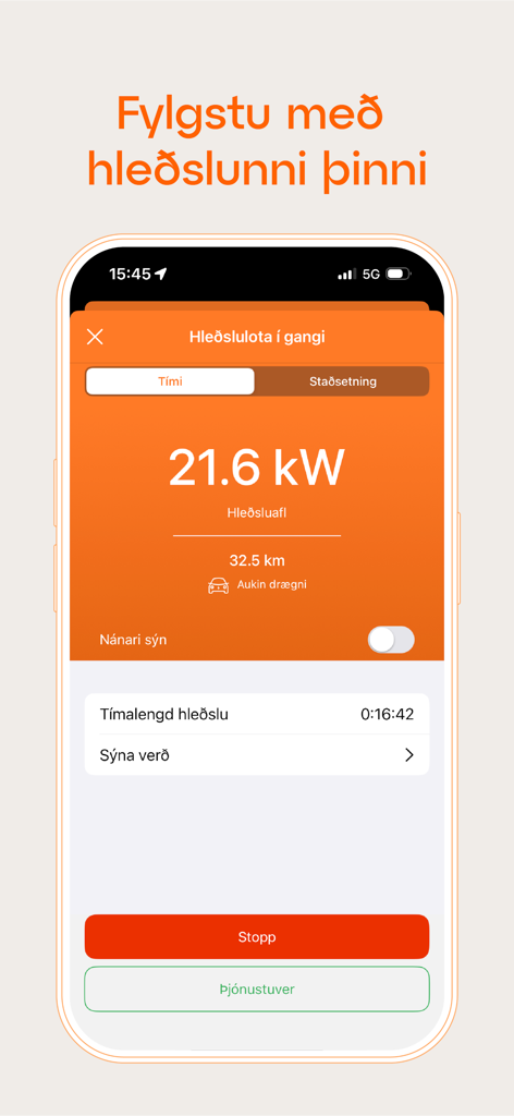 Ecrã móvel mostrando o progresso do carregamento do veículo elétrico e a autonomia na aplicação ON.