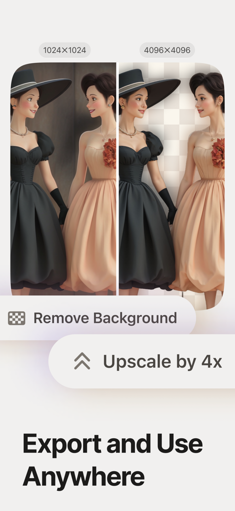 Playground AI app interface demonstrating background removal and image upscaling features.