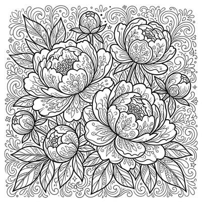 Immerse yourself in the captivating beauty of our intricate peony coloring page, specially designed for adults. Discover a world of detailed petals and botanical patterns waiting for your creative touch.