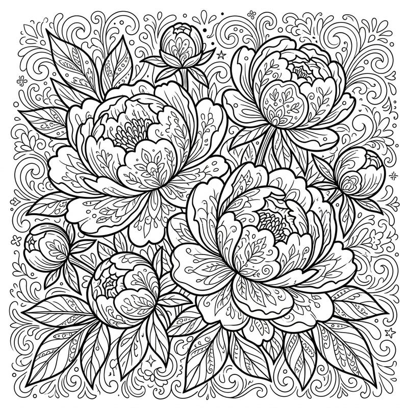 Immerse yourself in the captivating beauty of our intricate peony coloring page, specially designed for adults. Discover a world of detailed petals and botanical patterns waiting for your creative touch.