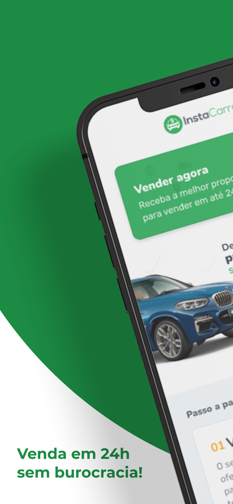 InstaCarro: Venda de Carros - Smartphone screen displaying the InstaCarro app to sell your car in 24 hours.