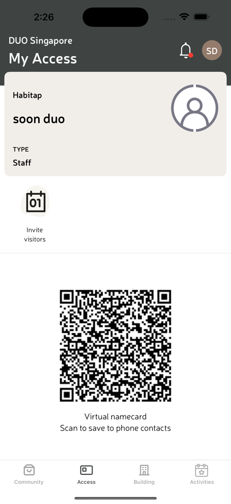 DUO Singapore - La pantalla Mi Acceso de la aplicación DUO Singapore mostrando una tarjeta de presentación virtual con código QR y el perfil de un miembro del personal.