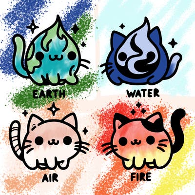 4 cats that represent the different elements, earth, water, air, and fire