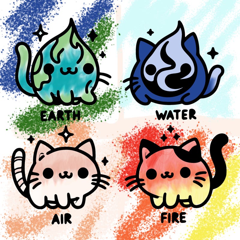 4 cats that represent the different elements, earth, water, air, and fire