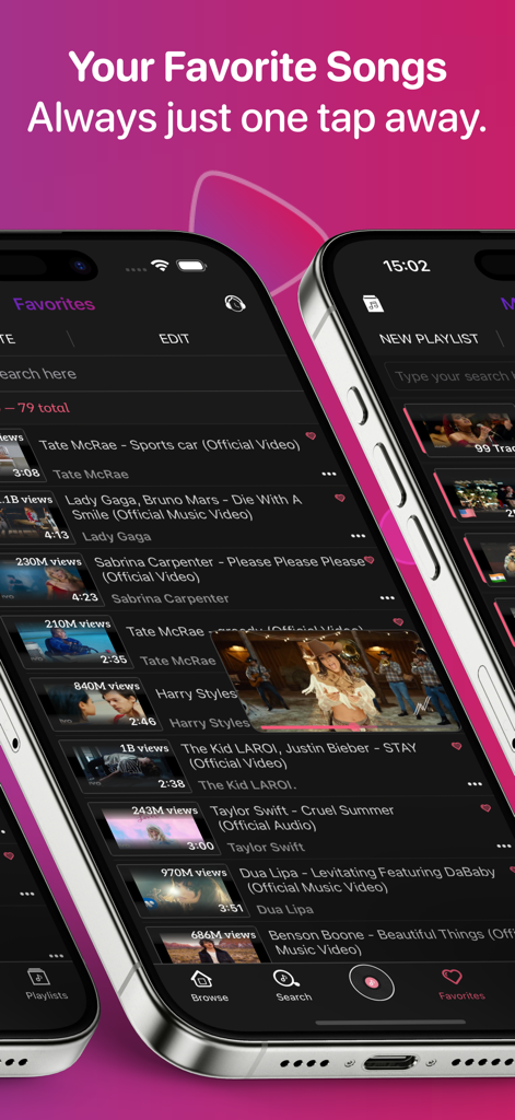 Vanced Tube - Music Player - Vanced Tube app displaying a favorites list of trending music videos on a smartphone screen.