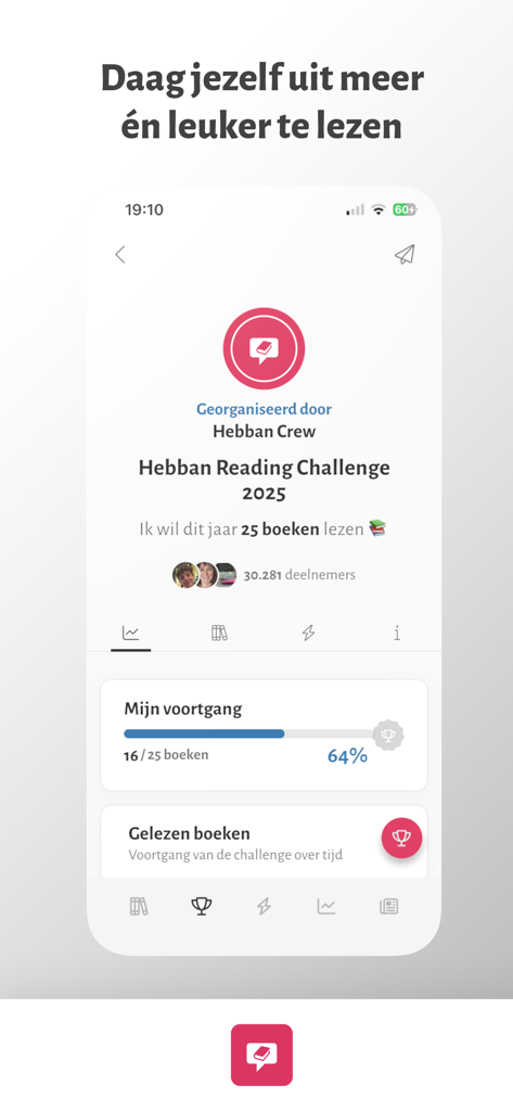 Hebban Boekenapp - Interface of the Hebban app showing a reading challenge progress bar and goal achievement