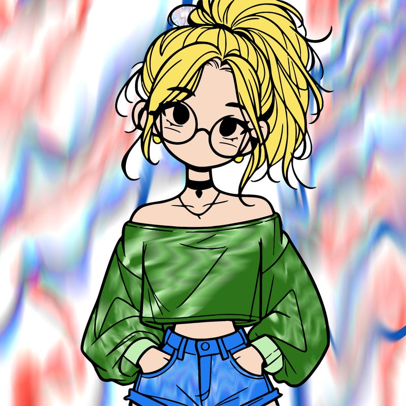 girl with a messy ponytail glasses a baggy crop top and jean shorts