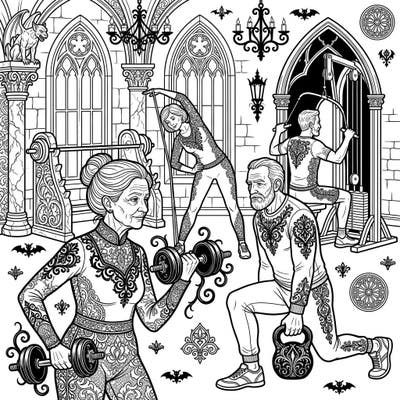 Unleash your creativity with this striking coloring page featuring active seniors working out in a dramatic Gothic setting. Adorned with Victorian lace patterns and surrounded by ornate architecture, this design offers a truly unique coloring experience.