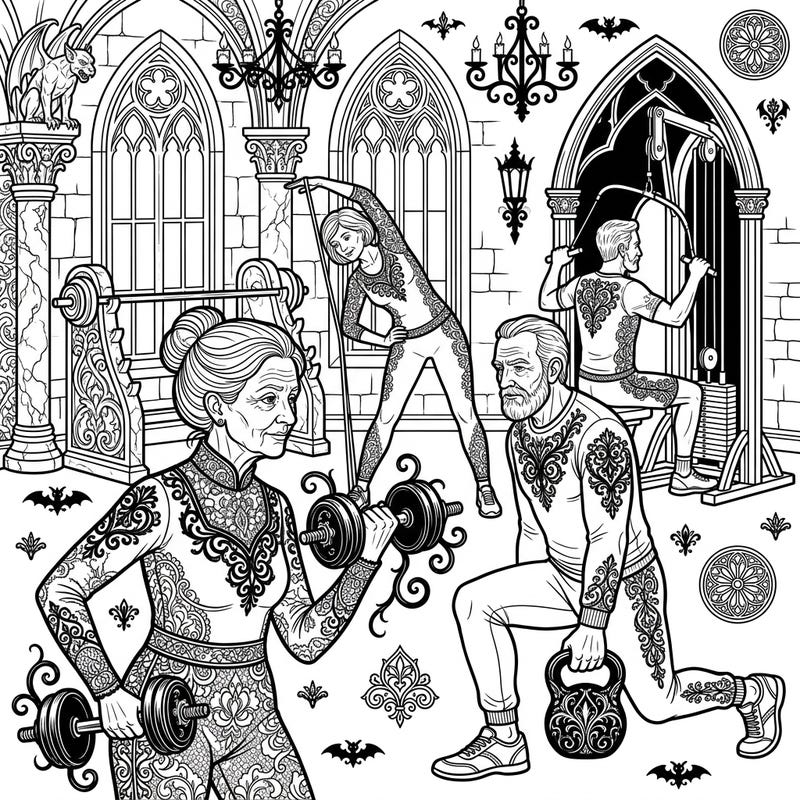 Unleash your creativity with this striking coloring page featuring active seniors working out in a dramatic Gothic setting. Adorned with Victorian lace patterns and surrounded by ornate architecture, this design offers a truly unique coloring experience.