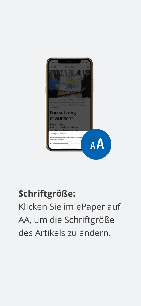 Interfaz de la aplicación Mindener Tageblatt mostrando la función de ajuste de tamaño de fuente para artículos de noticias