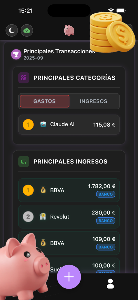 Interfaz de la aplicación Hero Budget que muestra las principales transacciones de ingresos y gastos