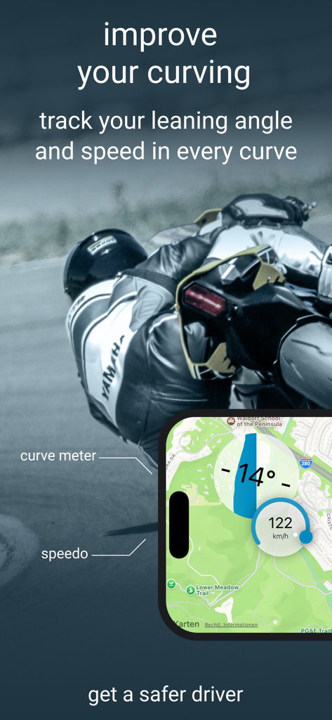 Curve Tracker for Motorbike - Ein Motorradfahrer, der in eine Kurve lehnt, mit einer digitalen Überlagerung, die Echtzeit-Schräglagenwinkel- und Geschwindigkeits-Telemetriedaten anzeigt