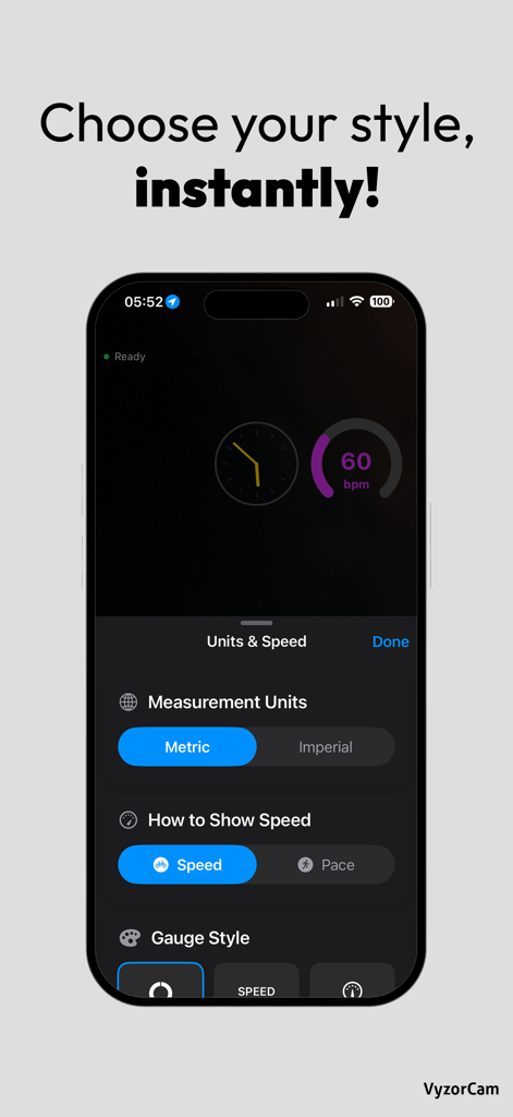 VyzorCam - VyzorCam app interface showing settings for measurement units and telemetry gauge styles.