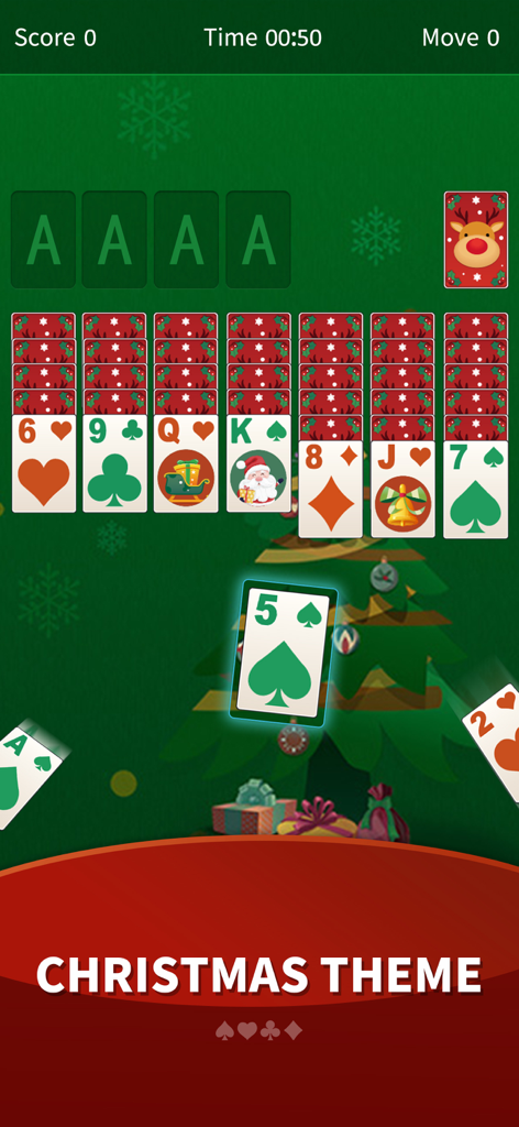Interfaz del juego de cartas de Solitario con un tema festivo navideño con ilustraciones de renos y Santa.