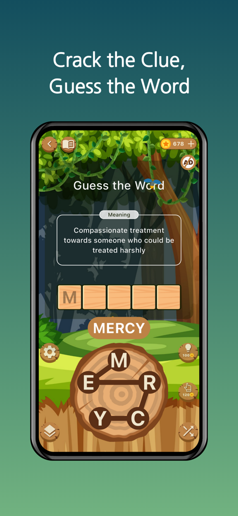 Word Woods Connect the Letters - A word game interface showing the player connecting letters on a tree stump to solve a riddle for the word mercy.