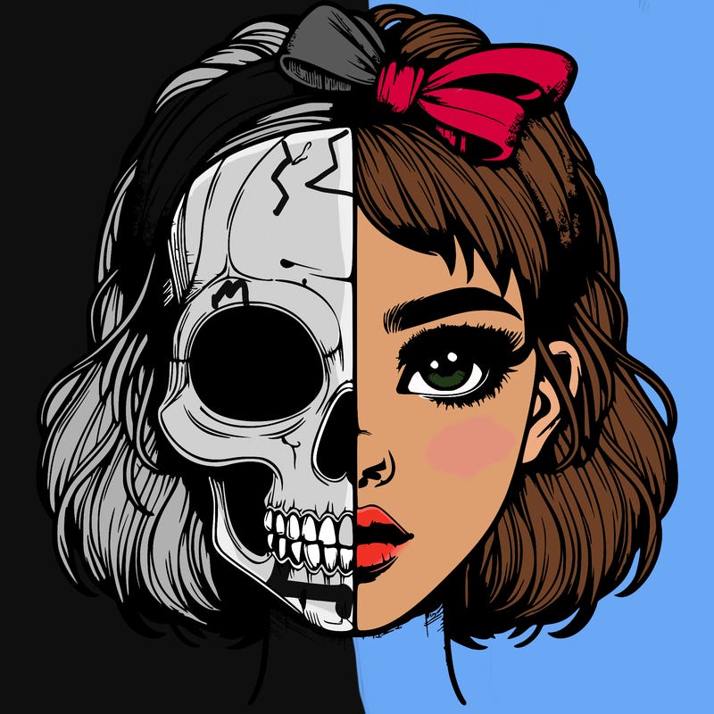 realistic girl with half skull mask