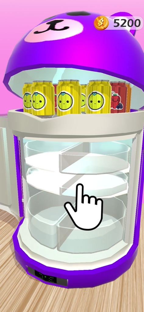 Gameplay of Fridge Organizing showing a purple bear fridge being filled with colorful drink cans and a hand pointing to an empty shelf