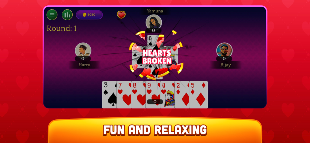 Hearts - Offline Card Game - Gameplay of the Hearts card game showing a hearts broken notification