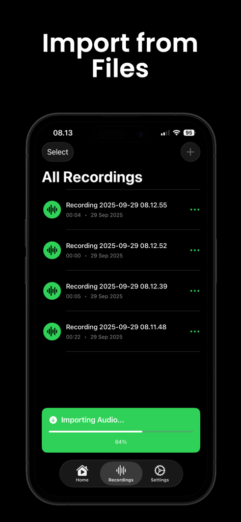 音声録音のリストとアクティブな音声インポートの進捗バーを表示するモバイルアプリのインターフェース