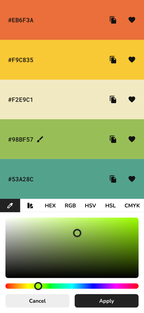 A mobile interface for the Pigments app showing a five-color palette with HEX codes and a professional color picker tool for adjusting shades.
