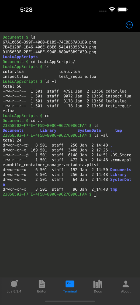 Lua IDE mobile terminal interface showing shell commands and file listings