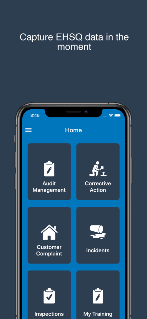 Intelex Mobile - Écran d'accueil de l'application Intelex Mobile montrant des tuiles de tableau de bord pour la gestion EHSQ comme les incidents et les audits