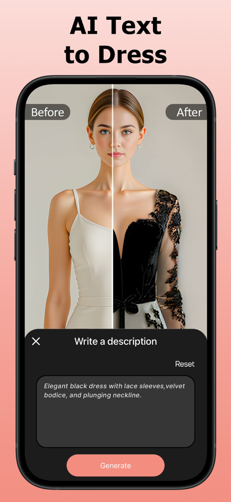 Recolor Dress & Clothes Colour - Before and after view of AI text to dress feature changing a white dress into an elegant black lace outfit