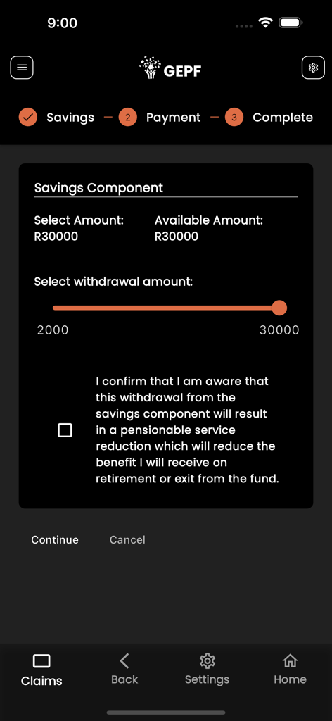 GEPF Self Service - GEPF Self Service app savings component withdrawal selection screen