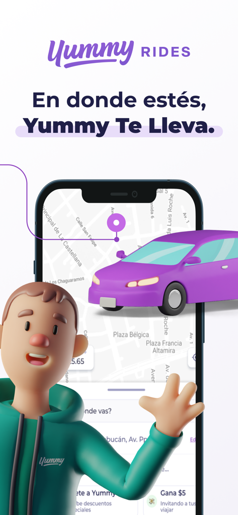 Yummy Rides - Viaja y Conduce - Yummy Rides app promotional graphic featuring a 3D character and a purple car over a mobile map