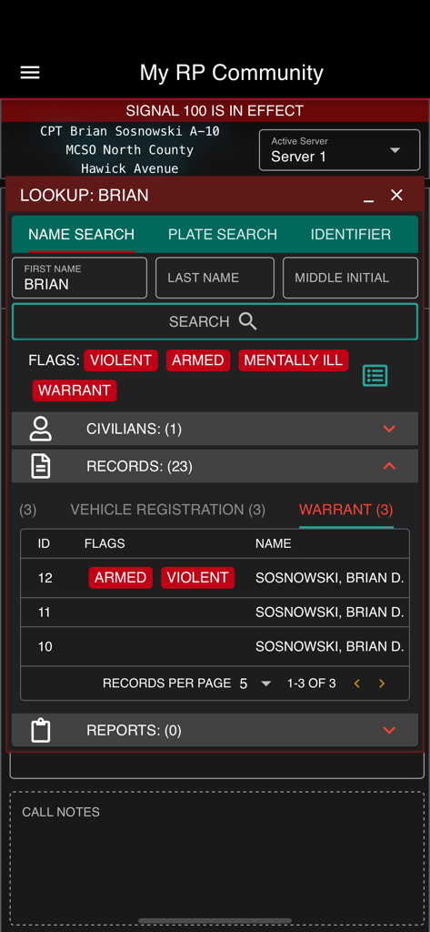 Sonoran CAD - Sonoran CAD mobile interface showing a person lookup with active warrants and status flags.
