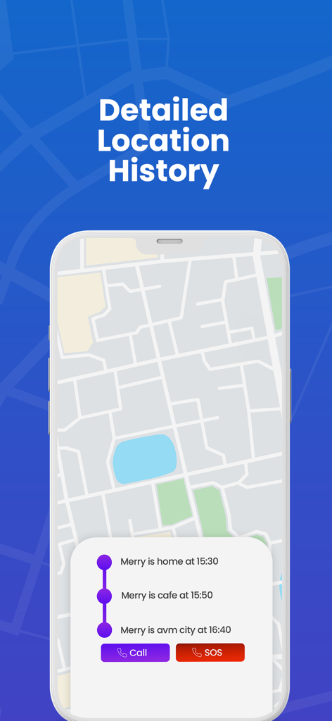 Interface of the GeoLog app showing a map and a detailed timeline of a users location history