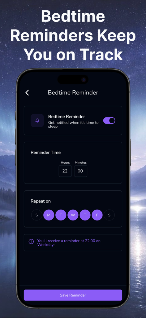 White Noise - Driftly - Interface of the Driftly app showing custom bedtime reminder settings on a starry night background.