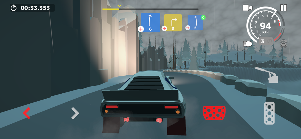 N3Rally - A rally car driving on a snowy road in the mobile game N3Rally showing the speed HUD and pace notes.
