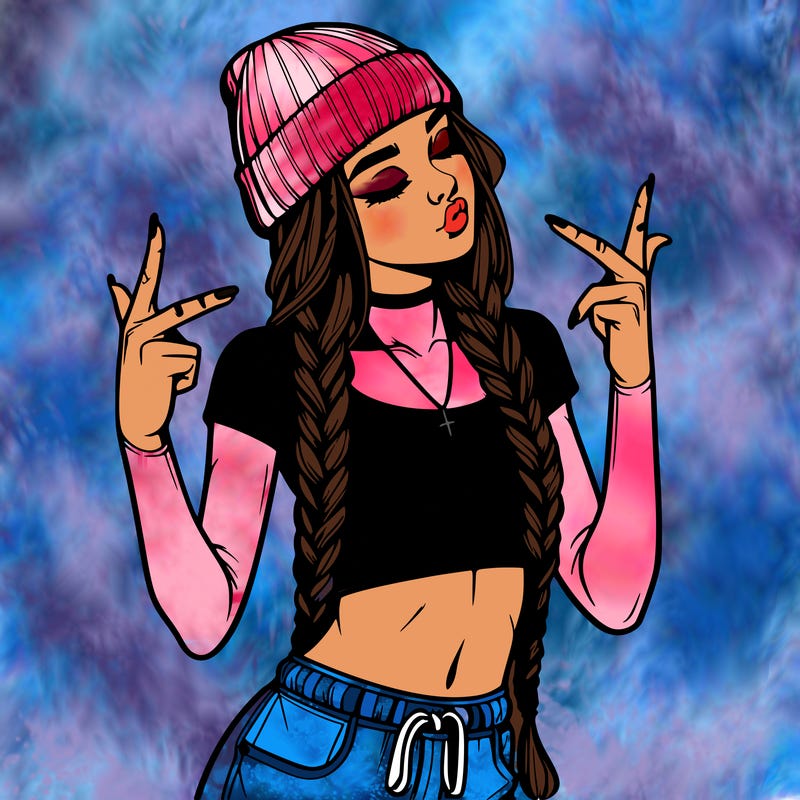 realistic teenage girl with braids and a beanie and crop top doing 🫶🏼