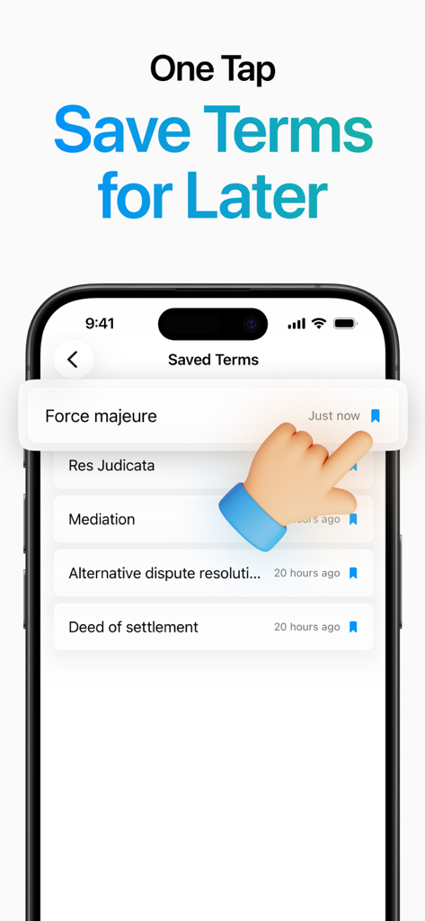 A mobile app interface displaying a list of saved legal terms and the bookmarking feature