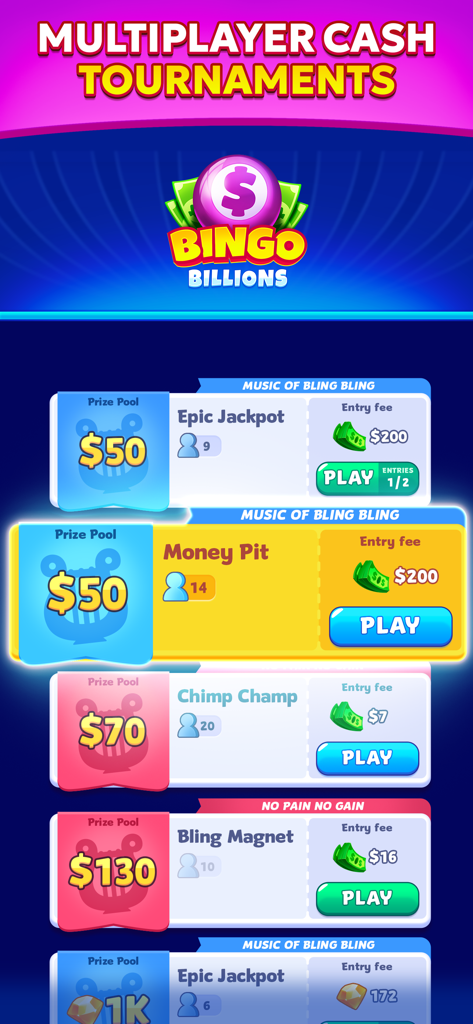 Multiplayer bingo tournaments screen showing cash prizes and entry fees