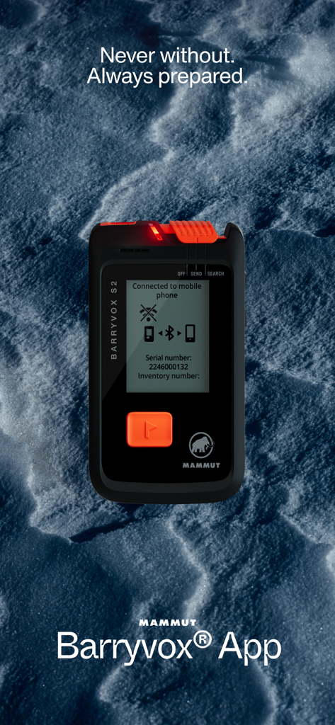 Barryvox® Mammut - Barryvox S2 avalanche transceiver connected to the Mammut mobile app over a snow background
