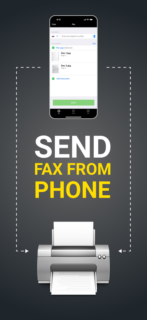 Tela de smartphone mostrando a interface do aplicativo FAX online com um botão ENVIAR e uma ilustração de máquina de fax tradicional.