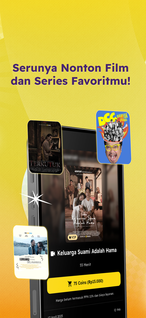 A smartphone screen showing the NOICE app interface with various Indonesian movie and series posters available for streaming.