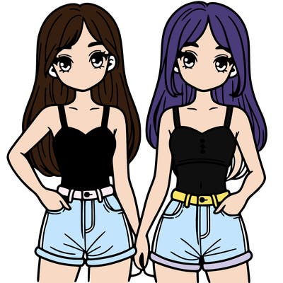two sisters with crop tops and jean shorts and straight hair