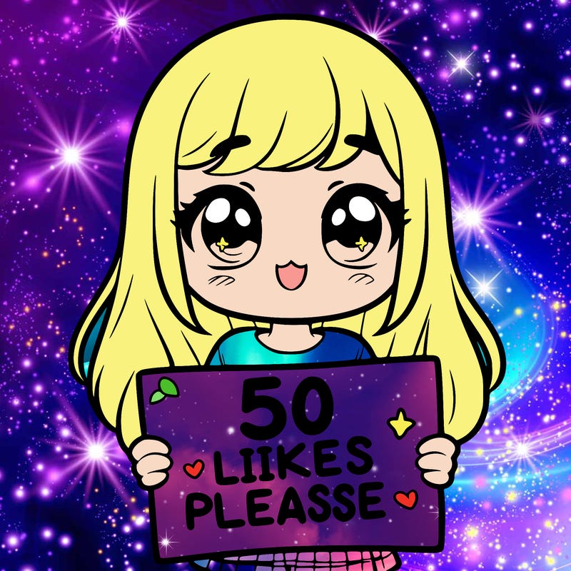 a girl holding a sign saying 50 likes please