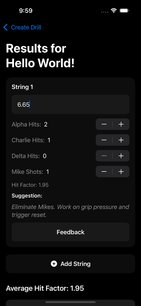 Drills 4 Skills - Drills 4 Skills app screen showing shooting drill results including hit counts and hit factor calculation.