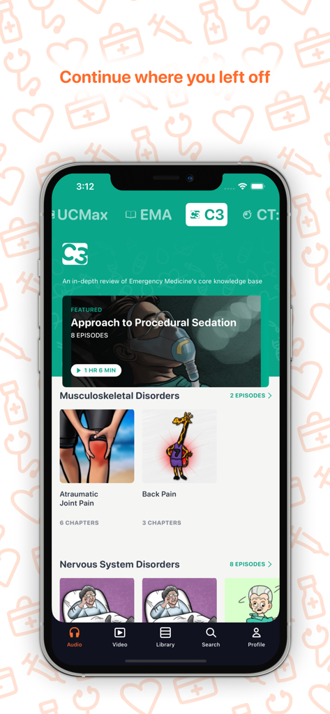 EM:RAP - Medical Education - EM RAP app interface showing the C3 Comprehensive Core Curriculum for medical education.