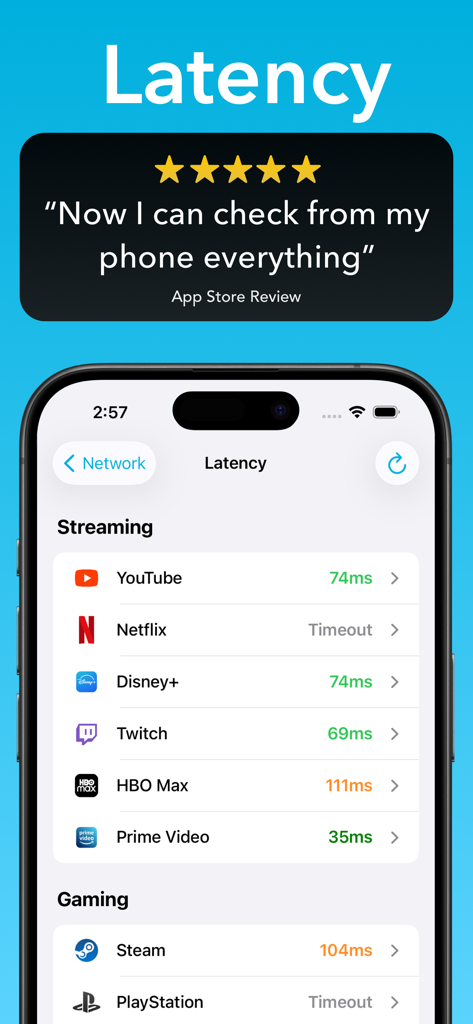 Pingers - Network Tools - Interfaccia dell'app Pingers che visualizza la latenza di rete per piattaforme di streaming e gaming