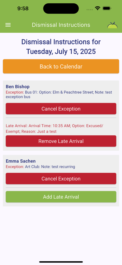 School Dismissal Manager (SDM) - School Dismissal Manager interface showing student dismissal instructions and arrival exceptions