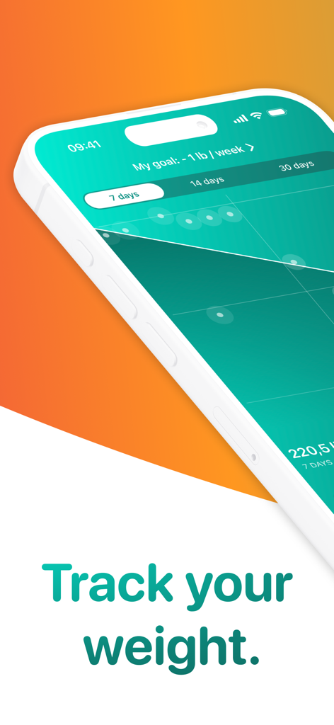 Scelta: Weight Loss Tracker - iPhone screen displaying the Scelta weight loss tracker app with a weight trend graph and progress goal