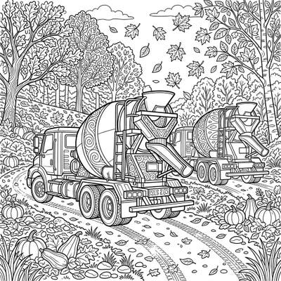 Journey into a whimsical autumn scene where mighty concrete mixer trucks navigate a path lined with pumpkins and falling leaves. This delightful coloring page combines industrial charm with the beauty of the fall season, offering a unique artistic challenge.