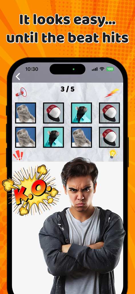 Say The Word On Beat – Game - A young man reacting to a failed rhythm challenge in the Say The Word On Beat app